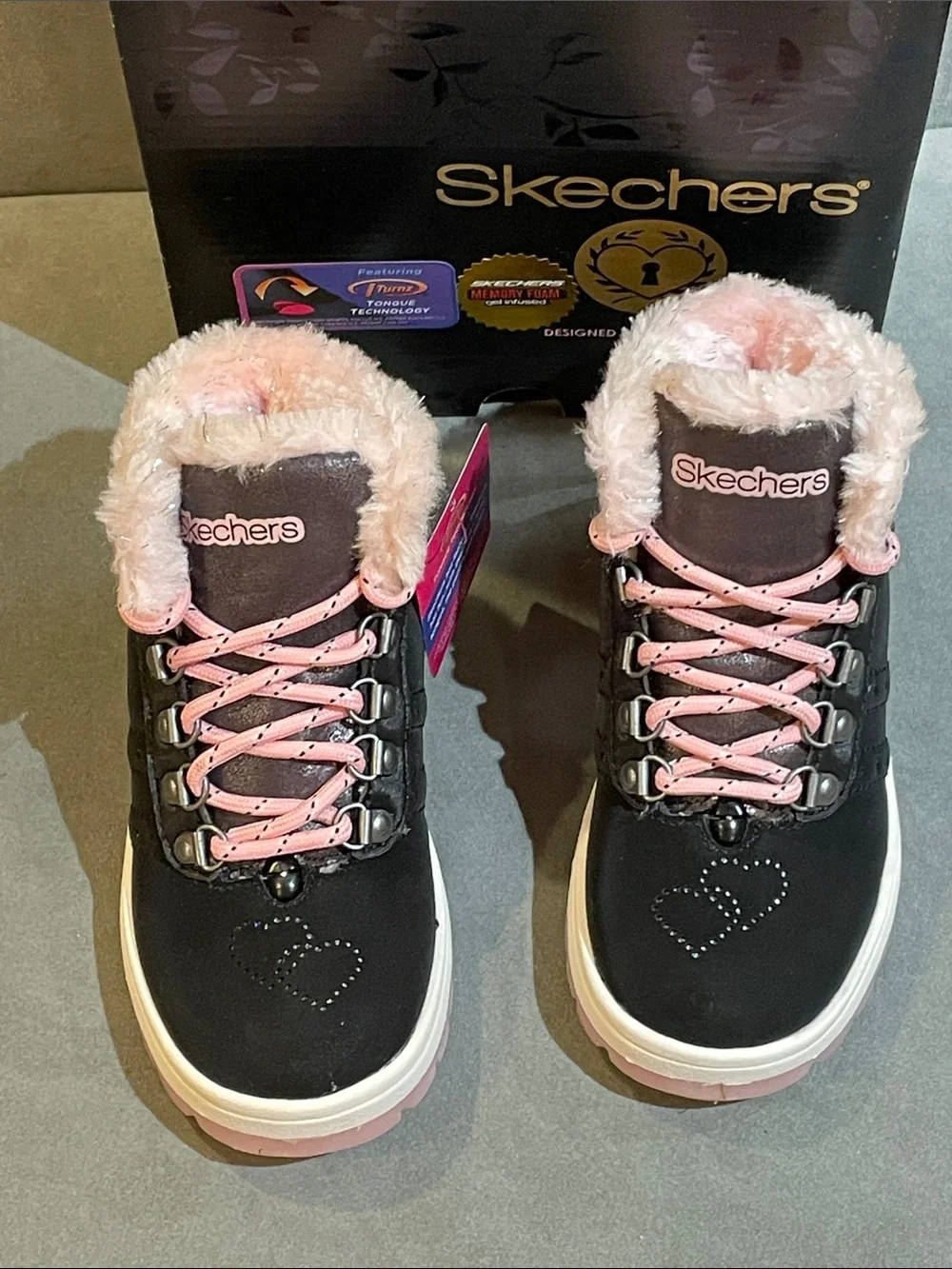 NEW Skechers Girls 11 Black Pink Suede Lace Up Boots Faux Fur Lined